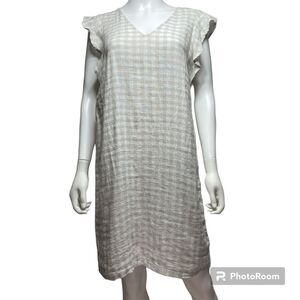 Cynthia Rowley Linen Beige White Gingham Plaid Pull Over Dress Womens Size S